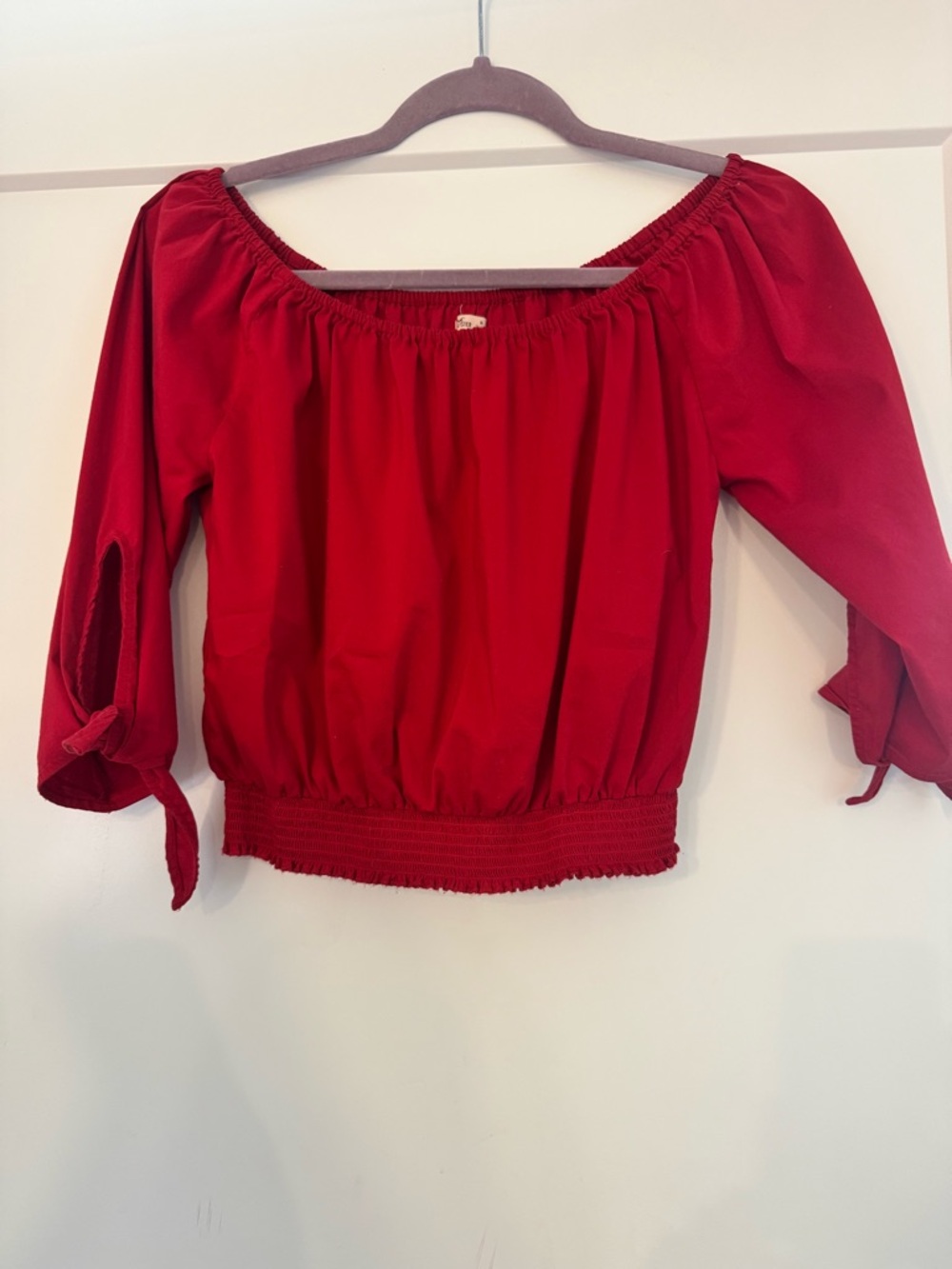 Hollister Off-Shoulder Crop Top Red Smocked Hem